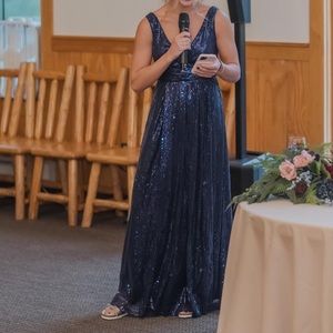 Navy Blue Sequin Floor Length Dress